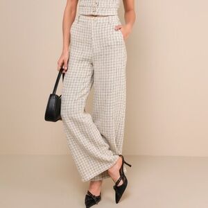 Posh Perception Ivory and Black Plaid Tweed Wide Leg Pants